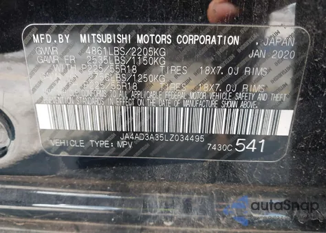 2020 Mitsubishi Outlander Sel 2.4 z USA, uszkodzony, nr VIN JA4AD3A35LZ034495